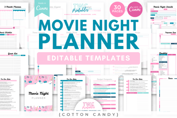 Movie Night Planner Canva | COTTON CANDY: Your Ultimate Event Blueprint